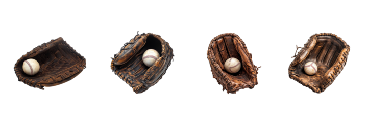 A set of baseball glove with visible stitching and leather texture, holding a new baseball, isolated on a transparent backgroun