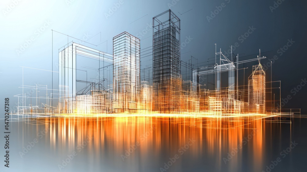 Poster a glowing conceptual image depicting an urban architectural cityscape blueprint