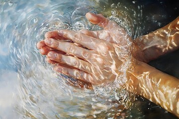 Fototapeta premium Close-up of soapy hands holding soap, water washing for hygiene and cleanliness