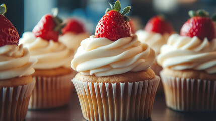 Cupcakes with cream and strawberries