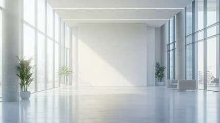 Fototapeta premium Modern corridor with glass windows, white columns, potted plants, glossy floor.