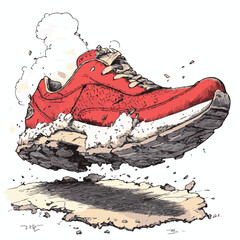 Red Running Shoe Vector Illustration Breaking Concrete Surface Cartoon Style Design