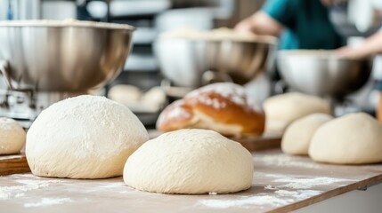 Fototapeta premium Dough Mixing in Commercial Bakery with Industrial Equipment Concept, Bakery Production Line with Multiple Mixers and Dough in a Professional Setting