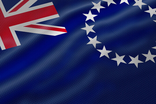 Wavy flag illustration depicting national symbol of Cook Islands in Oceania with stars.