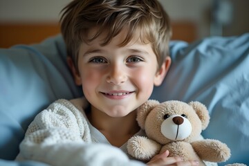 Happy boy holding teddy bear in cozy bedroom  