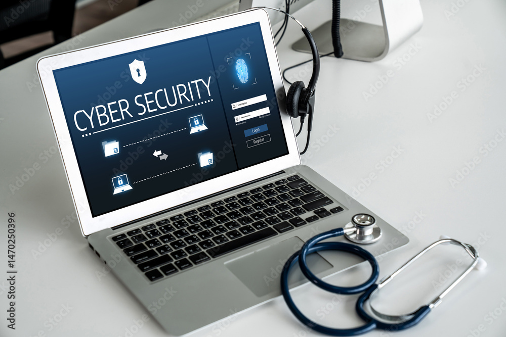Poster cyber security system on computer screen protect private information snugly from hacker and cyber at