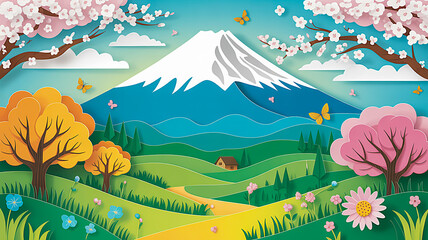 3D Paper Art Landscape of Mount Fuji in Spring  Layered Snowy Peaks, Blossoming Trees, Rolling Meadows, and Colorful Wildlife in a Turquoise Sky
