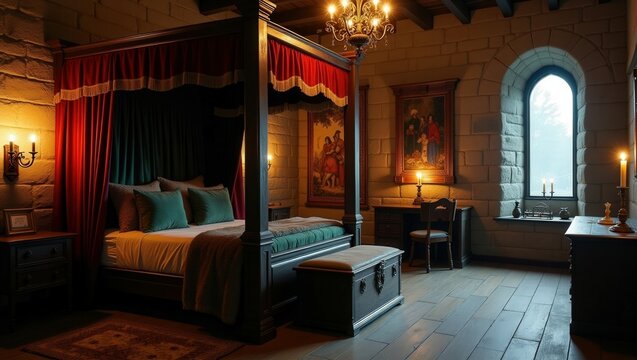 A medieval bedroom with a large four-poster bed draped in deep red curtains exudes historical charm. Stone walls, wooden floors, sconces and chandeliers emit a warm glow. A chest add rustic elegance