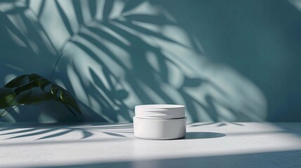 The moisturizer jar is placed on a white ceramic tile, showcasing a natural and authentic texture with blue wall on background and blurred shadows of tree leaves