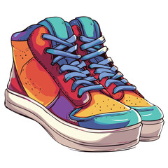 Colorful High Top Sneakers Isolated On White Background Cartoon Style