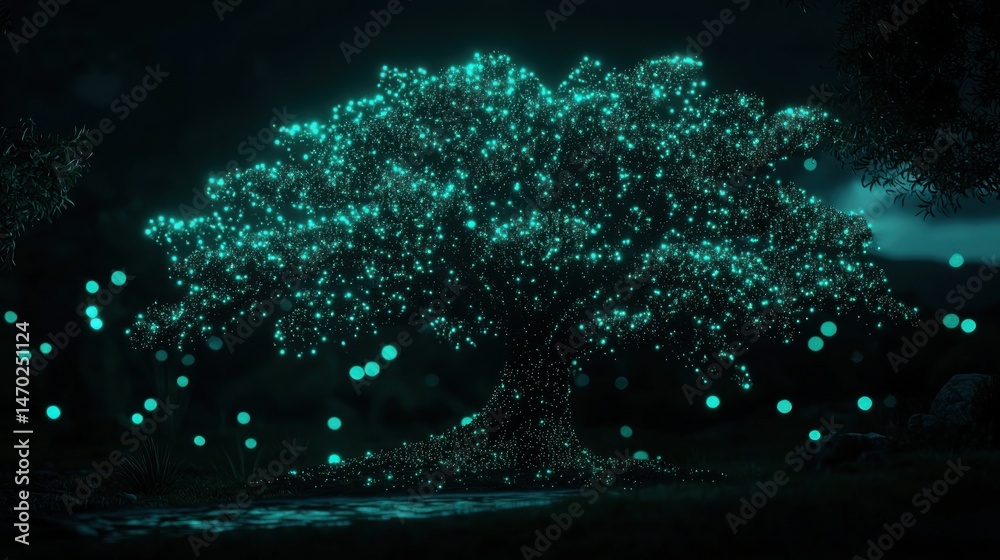 Poster a luminous glowing tree illuminated with magical ethereal green lights