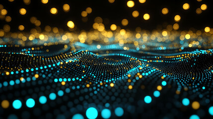 Layered abstract bokeh in soft golden dots and electric blue circles forming depth and glow against a seamless black surface