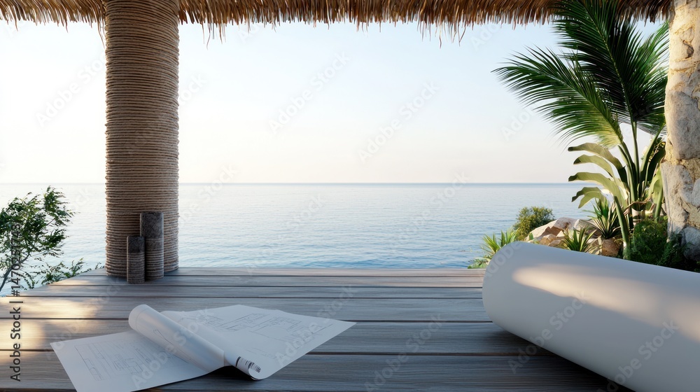 Aufkleber coastal architecture with ocean view seen from wooden deck structure