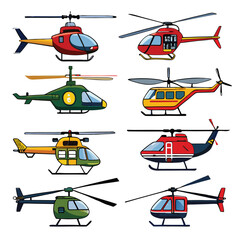 Nine classic Helicopter arranged on a white background.