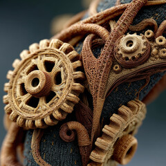 Obraz premium Entangled wood and brass gear network