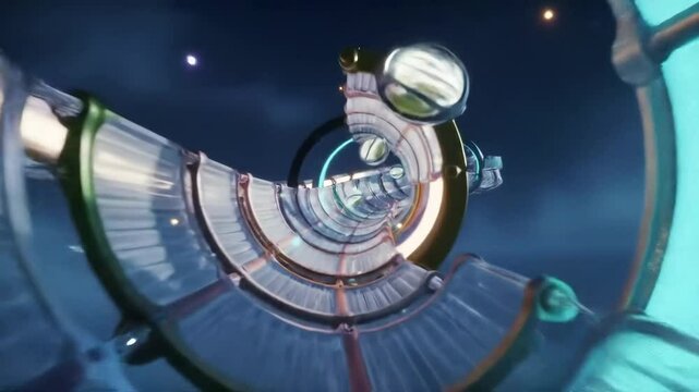  Glowing modular spiral bridge pulses gently through void, capsules float along its curve in slow rotating rhythm