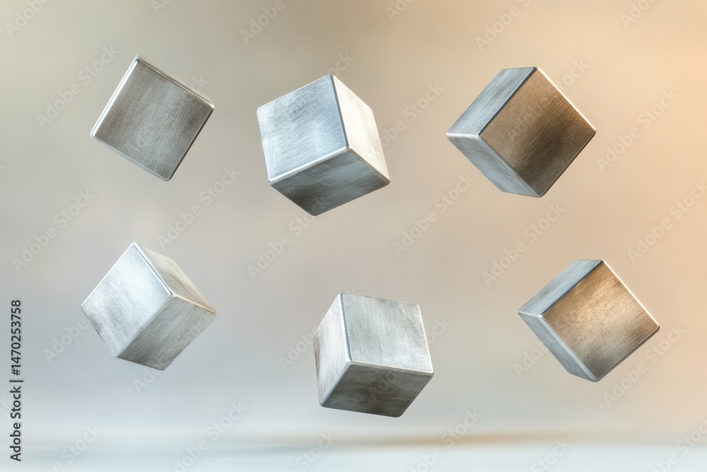 Poster floating metallic cubes against a gradient background evoking a sense of modern design and abstract 