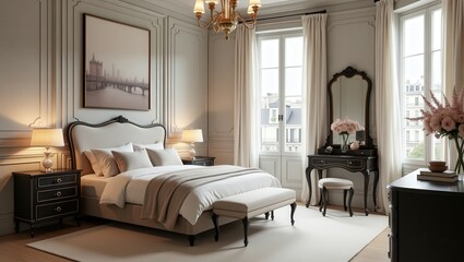 A Parisian-chic bedroom showcases elegance with moldings, a tufted bed, plush linens, vintage accents, soft drapes, a chandelier, neutral tones, gilded mirrors, fresh flowers, and rooftop views