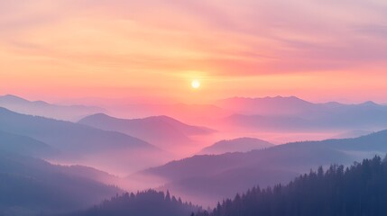 Pink and Purple Sunrise Over Foggy Mountain Range