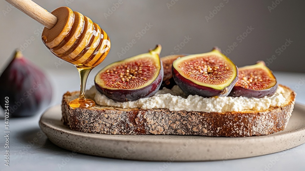 Poster honey dripping over a slice of bread topped with figs and cheese