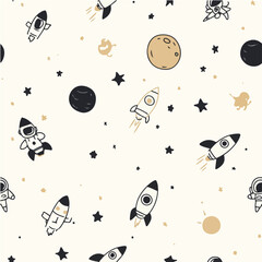 Seamless Space Pattern With Rockets Planets Stars And Astronauts In Doodle Style