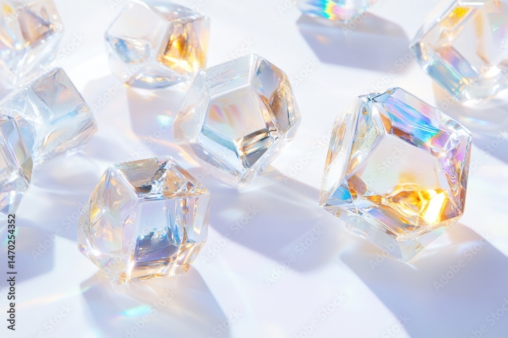 Poster close-up shot of multiple clear crystal-like objects reflecting light on a white surface with soft s