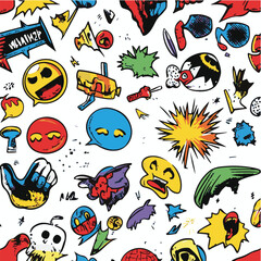 Vibrant Doodle Art Seamless Pattern With Cartoon Style Elements And Comic Graphics