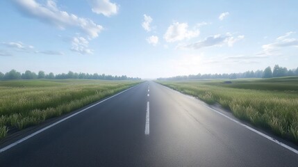 Fototapeta premium Straight asphalt road through green grasslands under sunny sky with distant trees.