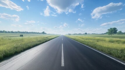 Straight asphalt road through green grasslands under sunny sky with distant trees.