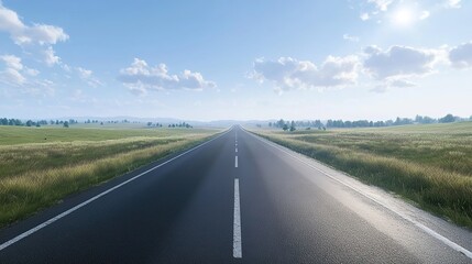 Fototapeta premium Straight asphalt road through green grasslands under sunny sky with distant trees.