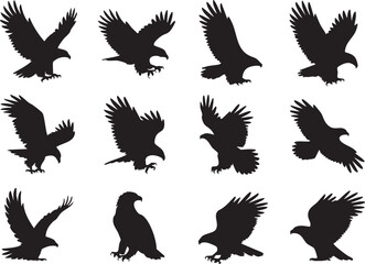 Obraz premium Eagle Silhouettes in Various Flight Poses for Wildlife Illustrations, Patriotic Designs, Birdwatching Guides, Logo Templates, Nature-Themed Art, or Freedom and Power Symbolism