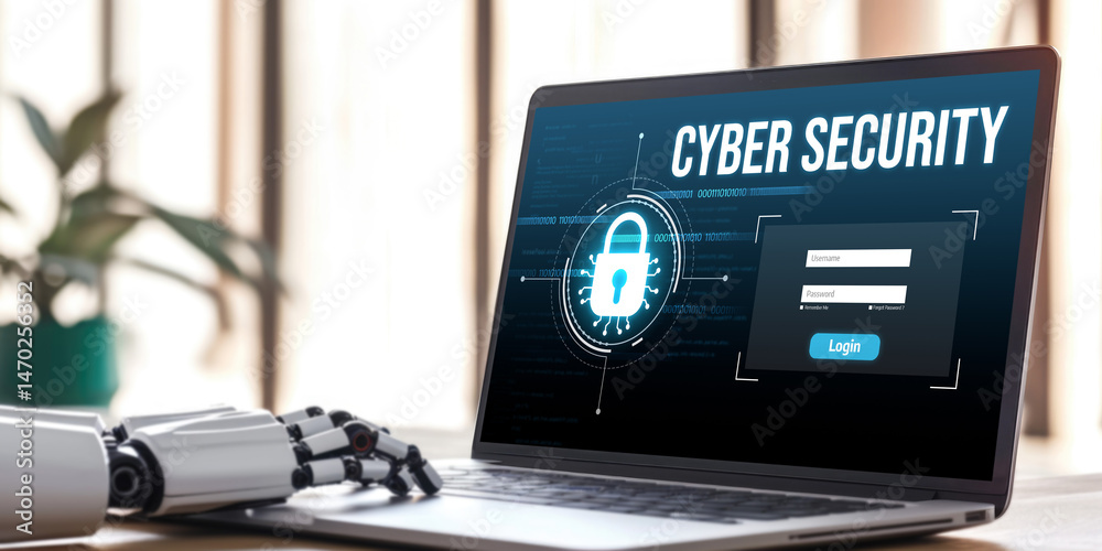 Poster cyber security system on computer screen protect private information brisk from hacker and cyber att