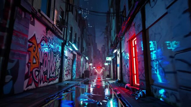 Neonlit urban alley at night with vibrant graffiti and reflections in rainsoaked streets