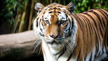 Obraz premium A majestic tiger stands alert in a lush, green forest, gazing directly at the camera.
