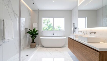 Modern Bathroom Interior Design with Freestanding Tub and Double Sinks Luxurious Marble Walls and Wooden Vanity