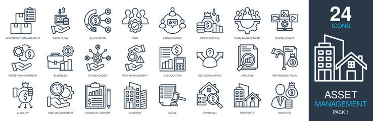 Asset Management Icons set vector illustration. Containing inventory management, cash flow, allocation, digital asset, money management and more. Simple outline icons collection.