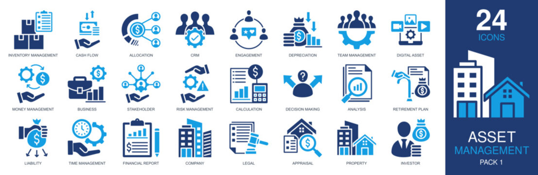 Asset Management Icons set vector illustration. Containing inventory management, cash flow, allocation, digital asset, money management and more. Simple solid icons collection.