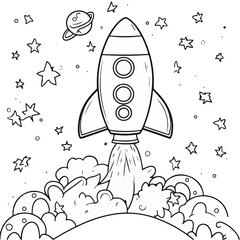 Rocket Launching Through Stars In Black And White Illustration Style