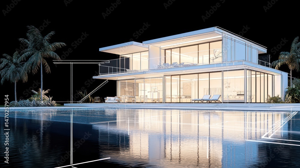 Poster modern architectural design of a luxurious residence with a pool