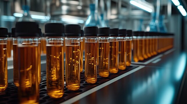 Row of amber liquid-filled test tubes in a laboratory setting.