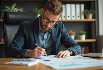 Businessman in Suit Writing Notes on Paper at Office Desk