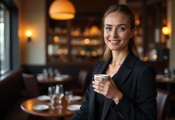 Confident Woman in Black Business Suit Holding a Coffee Cup