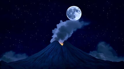 Volcanic eruption under a full moon dark night sky landscape