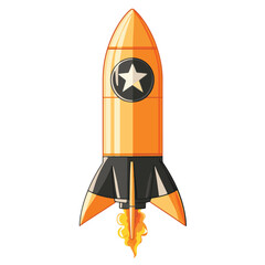Cartoon Style Orange Rocket Ship Launching Into Space With Star Emblem
