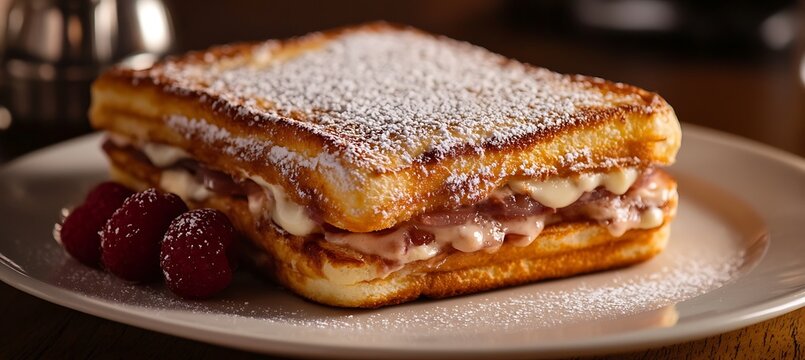A classic Monte Cristo sandwich dusted with powdered sugar