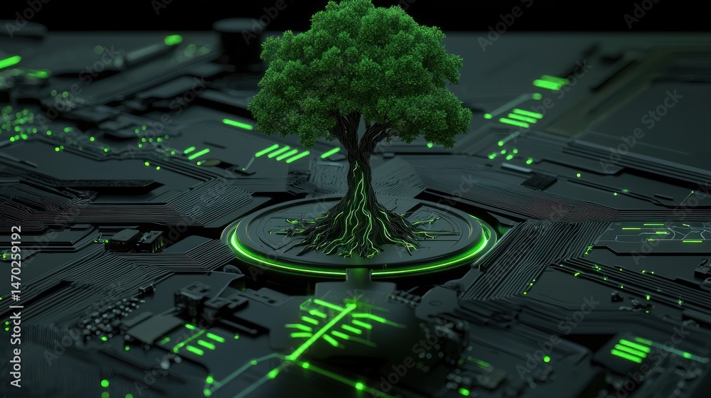 Poster A green growing tree is rooted within a computer circuit board
