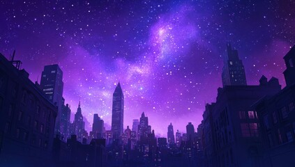 Fototapeta premium Night city skyline under a vibrant purple galaxy