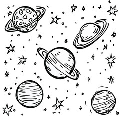 Whimsical Space Doodle Planets And Stars Black And White Illustration