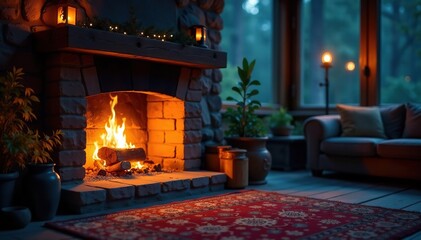 Cozy fireplace glowing warmly at night, embers glowing, rustic setting , hearth, texture, design