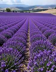 Obraz premium aerial drone view of a sprawling lavender field, purple blooms, rolling hills, photorealistic, 8k resolution